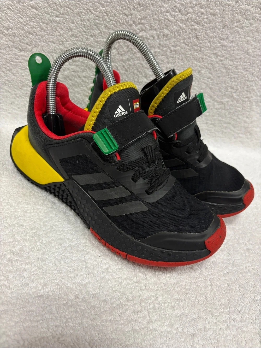 adidas Lego dna Kids Black Sneakers with Red, Yellow Green Accents no tie size 2